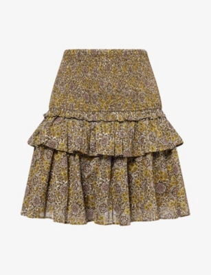 ME AND EM: Trailing Lotus Print Shirred Cotton Mini Skirt