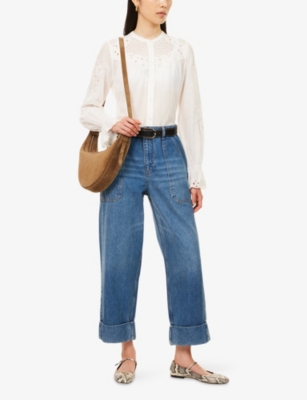 ME AND EM: Floral-Embroidered Bell-Sleeve Cotton Blouse