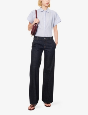 ME AND EM: Striped Short-Sleeves Cotton-Poplin Blouse