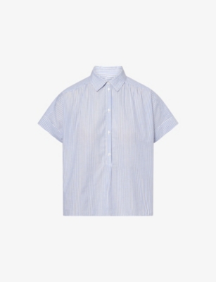 ME AND EM: Striped Short-Sleeves Cotton-Poplin Blouse