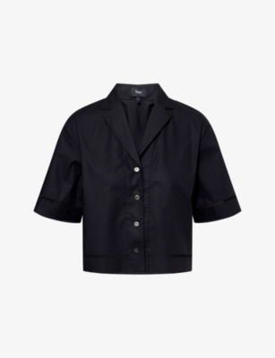 Theory Womens Black Boxy Camp-collar Stretch-cotton Shirt In Black