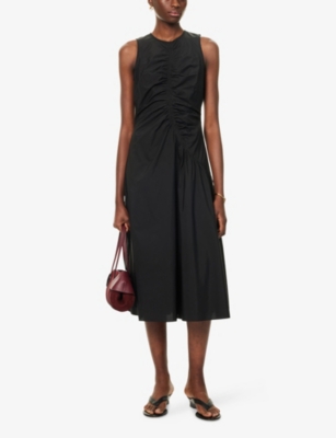 THEORY: Ruched Sleeveless Cotton-Blend Midi Dress