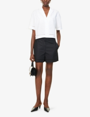 Theory Womens White Cropped Short-sleeves Stretch-cotton Shirt In White