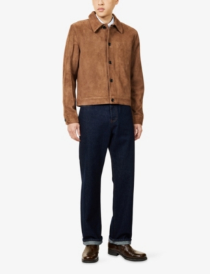 Ami Alexandre Mattiussi Mens Noisette Pointed-collar Embossed-logo Leather Jacket In Brown