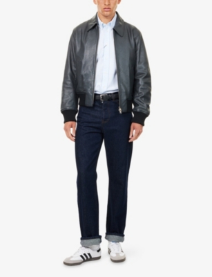 Ami Alexandre Mattiussi Mens Anthracite Regular-fit Spread-collar Leather Jacket In Gray
