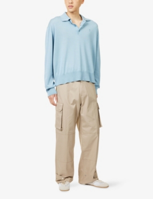 AMI PARIS: Logo-Embroidery Long-Sleeve Wool-Blend Knitted Polo Shirt