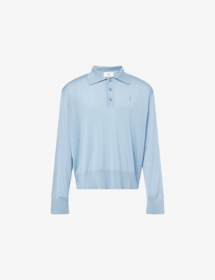 Ami Alexandre Mattiussi Mens Ciel Logo-embroidery Long-sleeve Wool-blend Knitted Polo Shirt Xl In Blue