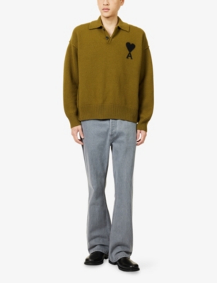 Ami Alexandre Mattiussi Mens Bronze/noir Ami De Coeur Logo-intarsia Wool Knitted Jumper In Gold