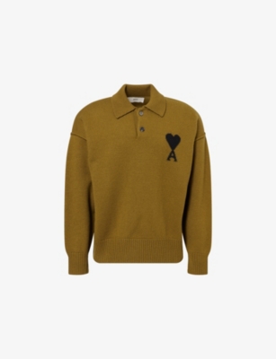 Ami Alexandre Mattiussi Mens Bronze/noir Ami De Coeur Logo-intarsia Wool Knitted Jumper In Gold