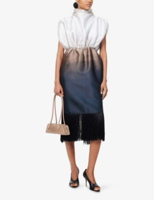 ARAM: Fringed Funnel-Neck Woven Midi Dress