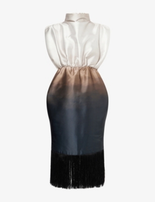 ARAM: Fringed Funnel-Neck Woven Midi Dress