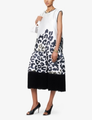 Aram Womens White And Black Leopard Leopard Fringed Woven Maxi Dress