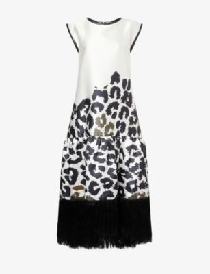 Aram Womens White And Black Leopard Leopard Fringed Woven Maxi Dress