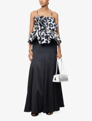 Aram Womens White And Black Leopard Leopard Peplum Woven Maxi Dress
