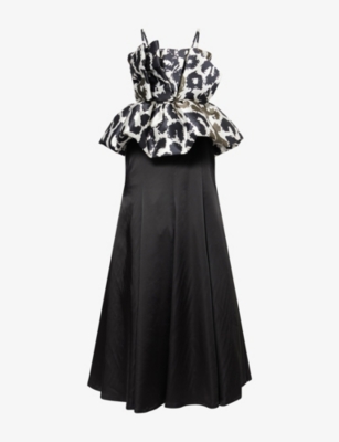 Aram Womens White And Black Leopard Leopard Peplum Woven Maxi Dress