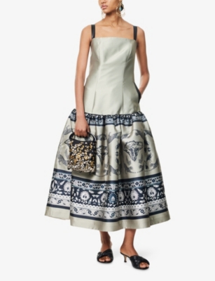 Aram Womens Beige And Black Printed Flared Woven Maxi Dress