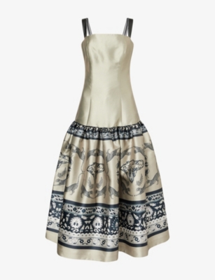 Aram Womens Beige And Black Printed Flared Woven Maxi Dress