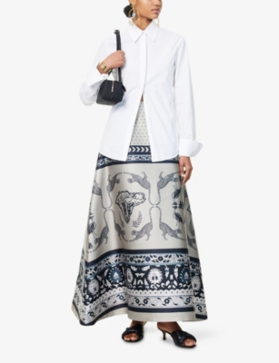 Aram Womens Beige And Black Printed Flared Woven Maxi Skirt