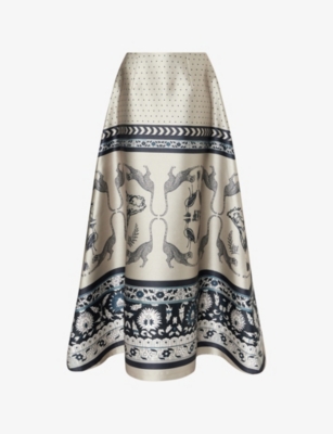 Aram Womens Beige And Black Printed Flared Woven Maxi Skirt