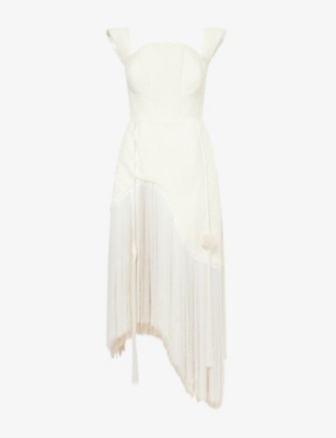 Aram Womens Cream Fringed Bouclé Woven Midi Dress