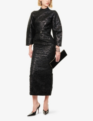 MONA ALSHEBIL: Exagerrated Long-Sleeves Woven Maxi Dress