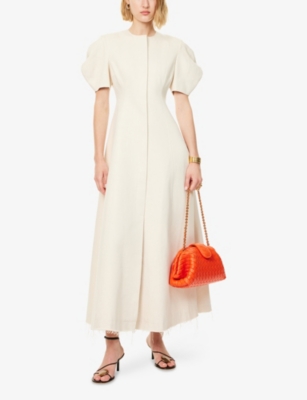 MONA ALSHEBIL: Flared Round-Neck Denim Maxi Dress