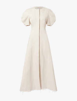 MONA ALSHEBIL: Flared Round-Neck Denim Maxi Dress