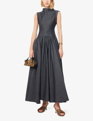 MONA ALSHEBIL: Drop-Waist Sleeveless Denim Maxi Dress