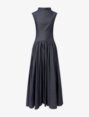 MONA ALSHEBIL: Drop-Waist Sleeveless Denim Maxi Dress