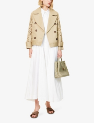 Mona Alshebil Womens Embroidered Double-breasted Cotton Trench Coat Beige