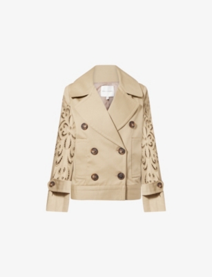 Mona Alshebil Womens Embroidered Double-breasted Cotton Trench Coat Beige