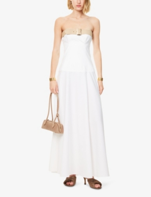 NORA ALSHEIKH: Strapless Contrast-Strap Flared Cotton Maxi Dress