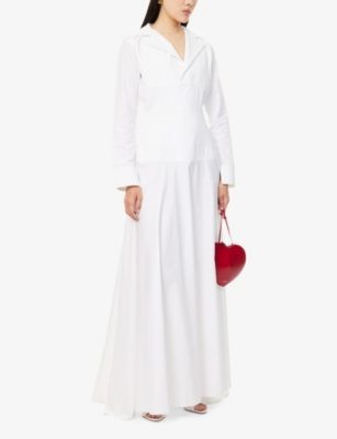 NORA ALSHEIKH: Cinched-Waist Notch-Collar Cotton Maxi Dress