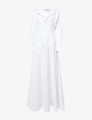 NORA ALSHEIKH: Cinched-Waist Notch-Collar Cotton Maxi Dress