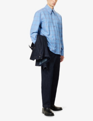 Jil Sander Mens Summer Kite Check-print Regular-fit Wool And Linen Shirt In Blue