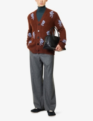 Jil Sander Mens Shore Flower-intarsia V-neck Wool-blend Cardigan In Red
