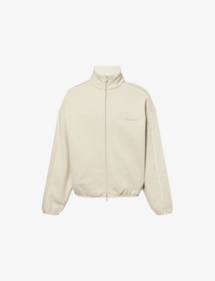 Essentials Mens Heather Stone/white Logo-embroidered Fleece Cotton-blend Track Jacket