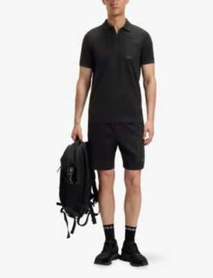 Hugo Boss Mens Embossed-pocket Half-zip Stretch-cotton Polo Shirt Black Xxl In Black