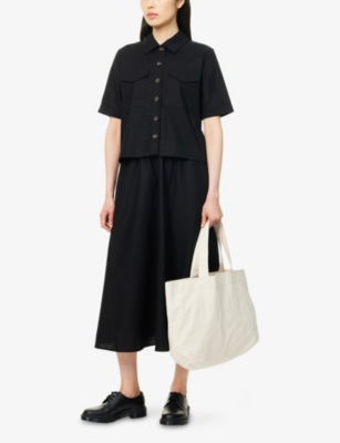 Barbour Womens Black Elsie Flared Cotton And Linen Midi Skirt