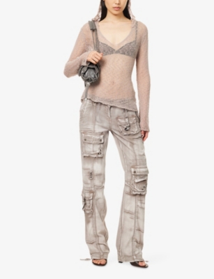 JADED LONDON: V-Neck Hooded Open-Knit Top