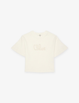 Chloé Kids' Offwhite Logo-print Round-neck Cotton-jersey T-shirt 4-14 In Neutral