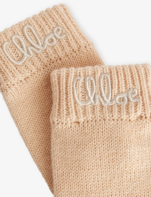 Chloé Stone Kids' Brand-embroidery Cotton And Wool Gloves In Brown