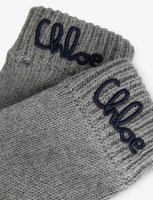 Chloé Heather Grey Kids' Brand-embroidery Cotton And Wool Gloves In Gray