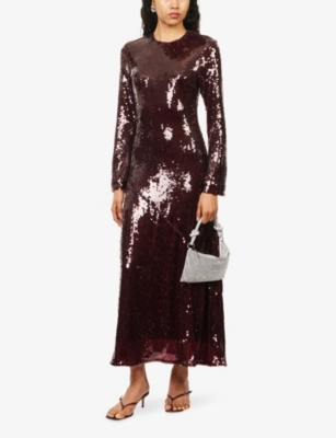 Rotate Birger Christensen Womens Zinfandel Kaisa Sequin Stretch-woven Maxi Dress In Burgundy
