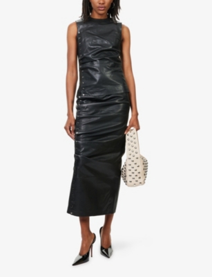 Rotate Birger Christensen Womens Black Ruched Sleeveless Leather Top In Black