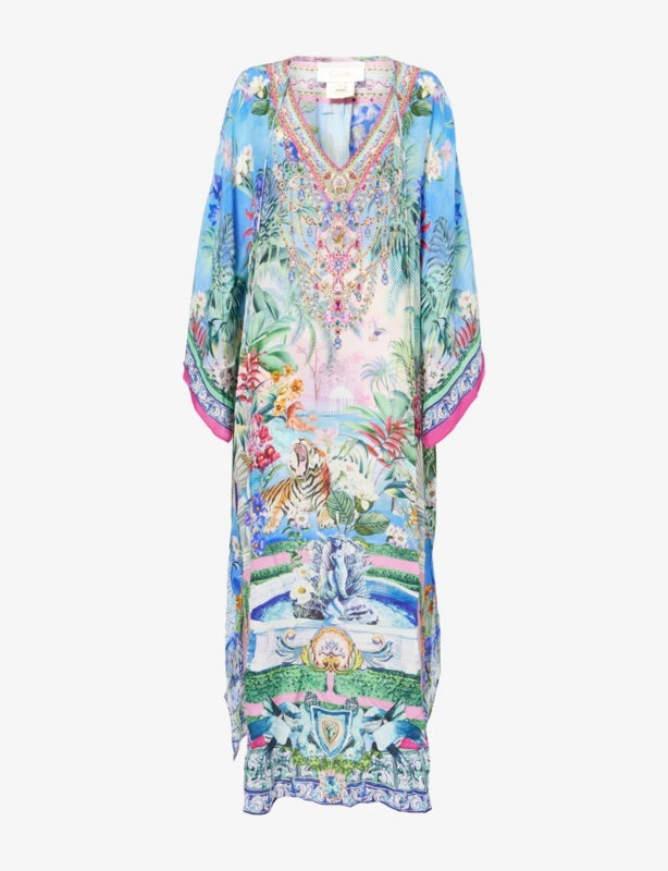 Floral-Print V-Neck Silk Kaftan