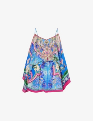 Camilla Womens Spirit Of Santa Maria Drop-shoulder Silk Playsuit In Blue