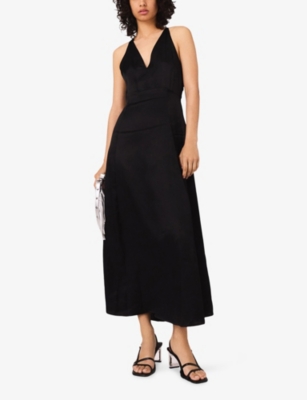 Maje Womens Black V-neck Braided-back Satin Maxi Dress In Black