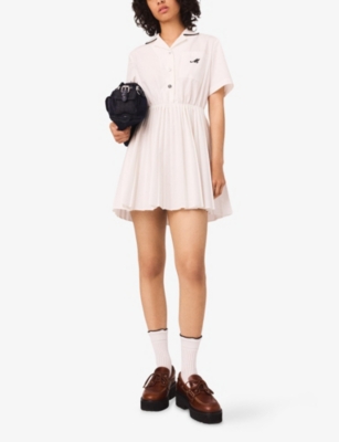 Maje Womens White Logo-embroidered Button-down Cotton-poplin Mini Dress In Pink