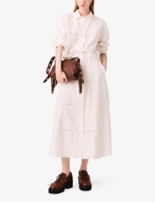 Maje Womens White Elasticated-waist Button-down Embroidered Linen-blend Midi Skirt In White